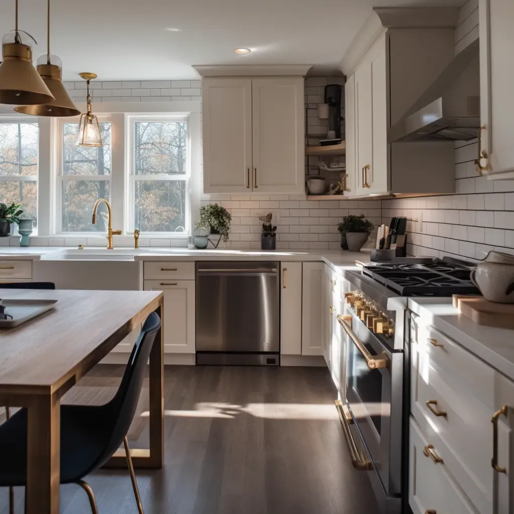 Remodeled white kitchen with pendant lights and a wood island