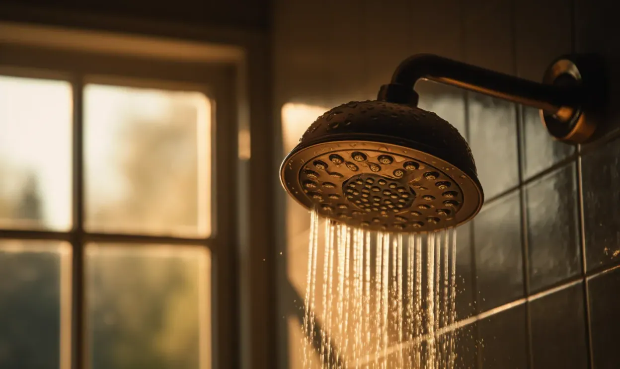 Shower head running water in a sunlit bathroom, Nowak Plumbing plumber in Dudley, MA