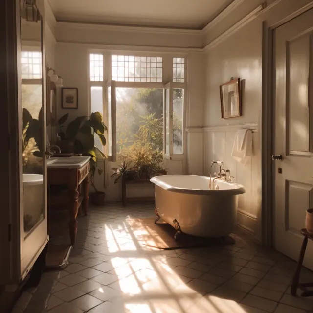 Sunlit bathroom with a clawfoot tub