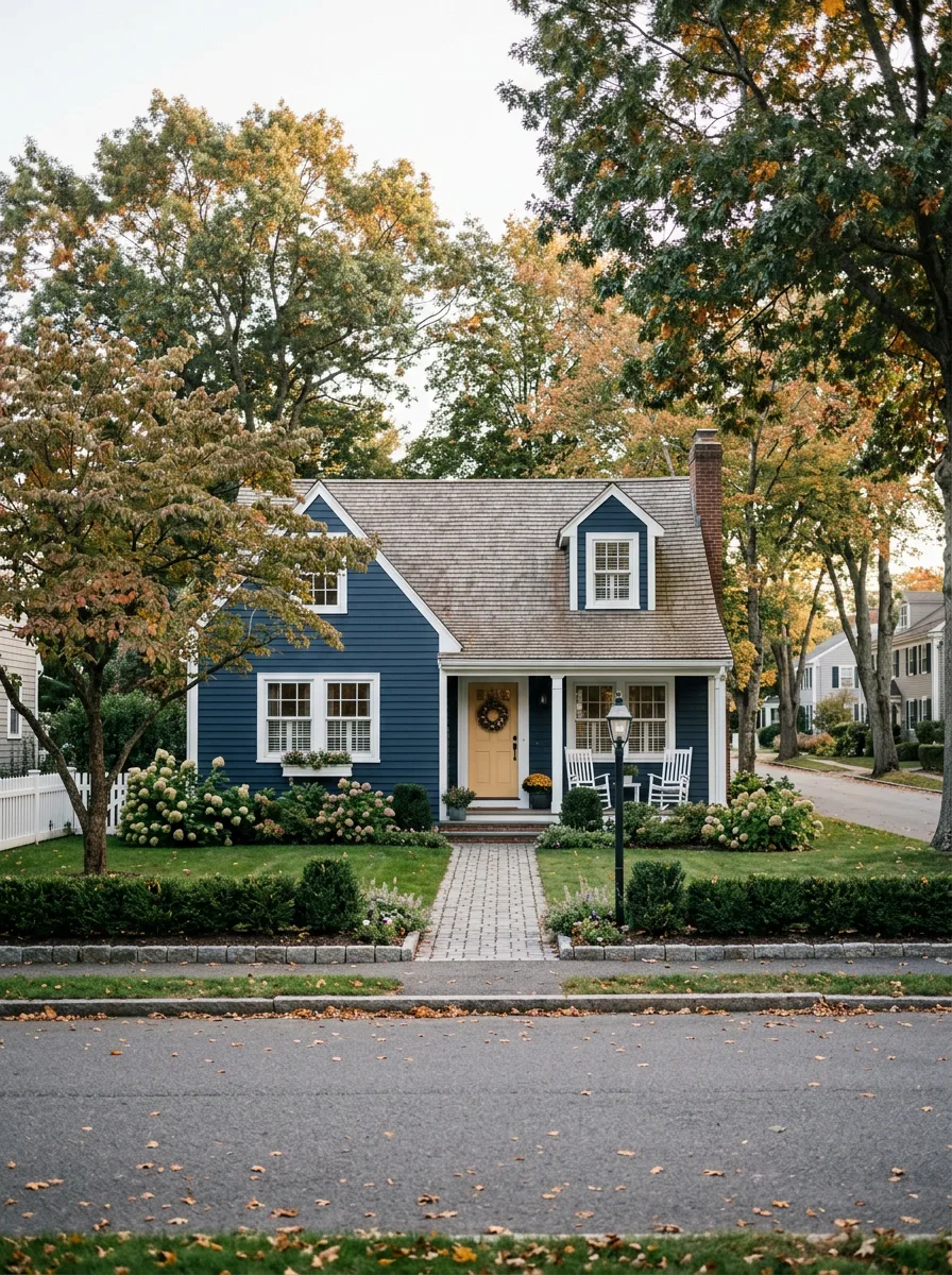 Massachusetts Cash Home Buyer Navy blue New England cape home in Massachusetts that Silver Homes bought for cash, as-is