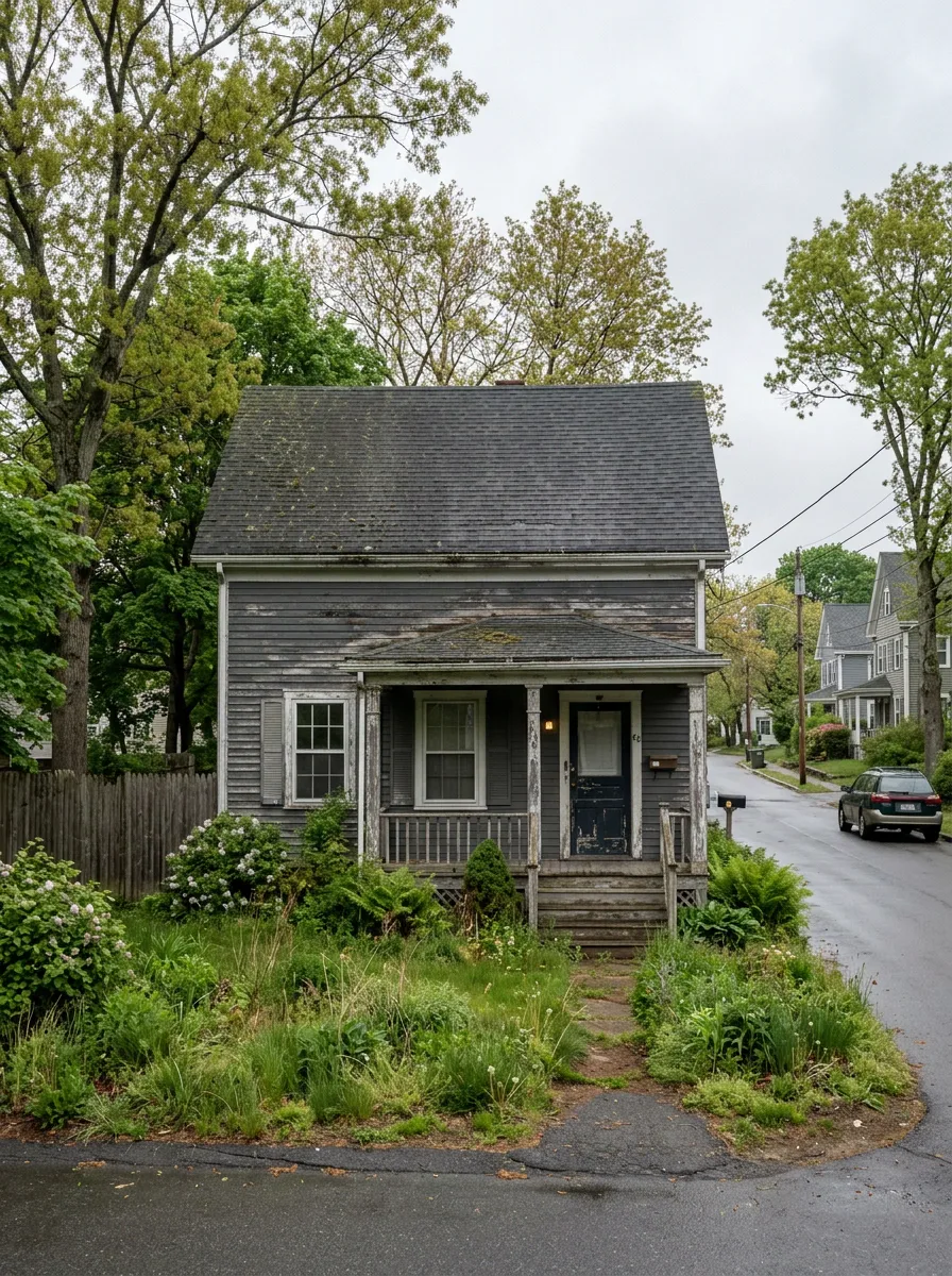 We Buy Houses As-Is in Massachusetts Older Massachusetts single-family home with a worn exterior that Silver Homes will buy as-is for cash