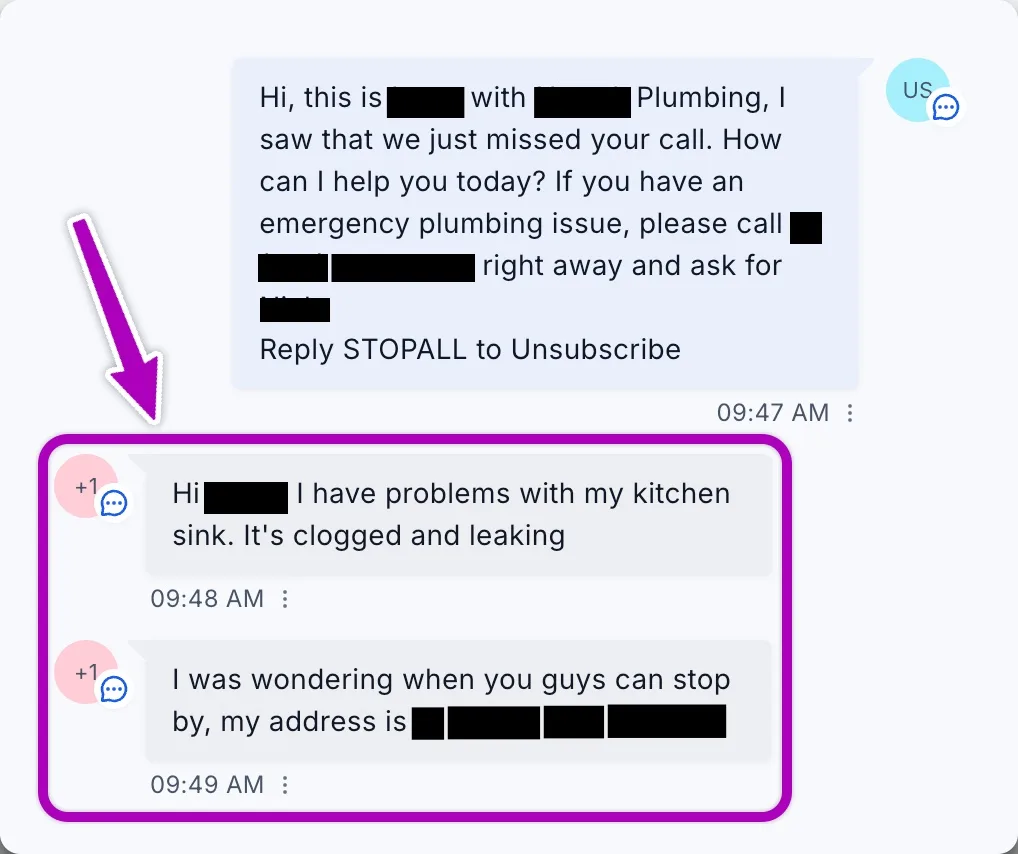 Missed call text back — customer responds with clogged kitchen sink emergency and address