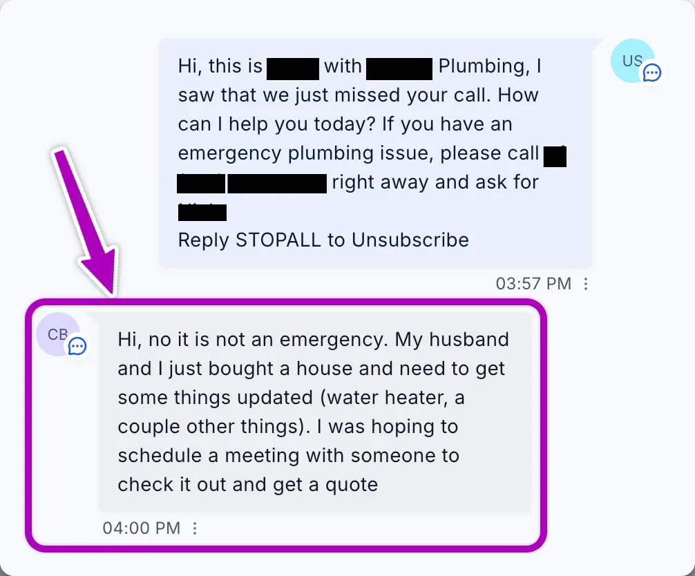 Missed call text back — customer responds needing water heater update for newly purchased house, wants to schedule estimate