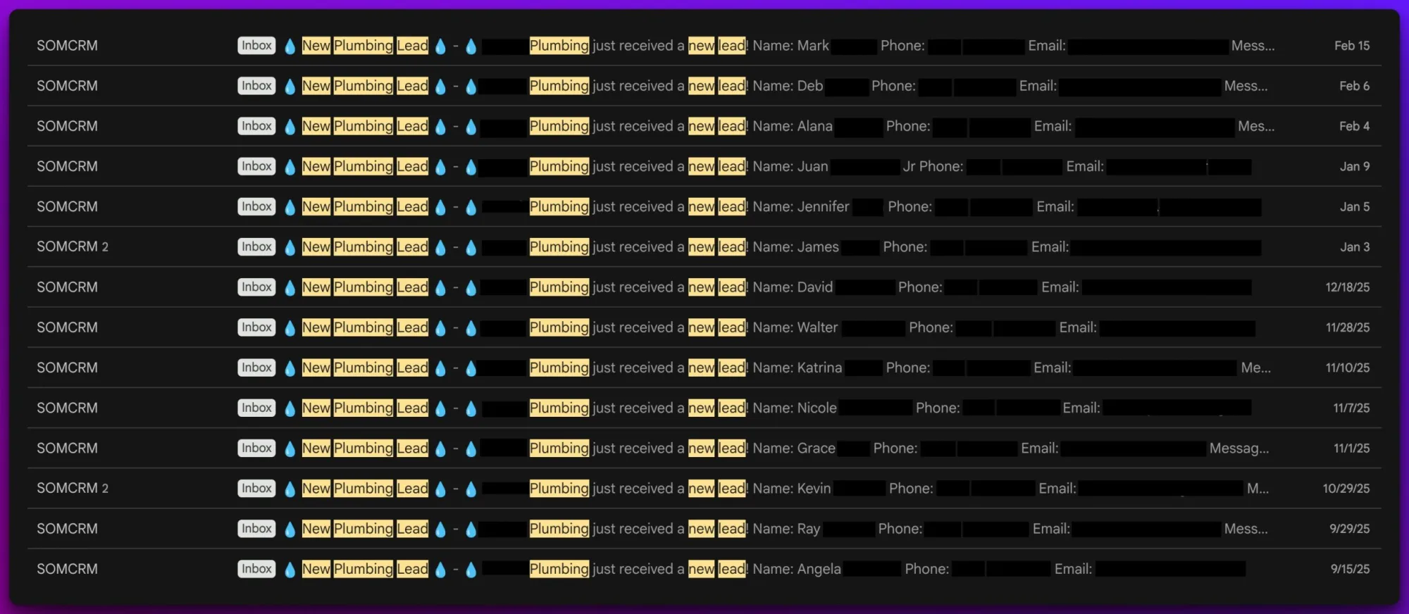 CRM inbox showing a long list of new plumbing lead notifications spanning months — Mark, Deb, Alana, Juan, Jennifer, James, David, Walter, Katrina, Nicole, Grace, Kevin, Ray, Angela