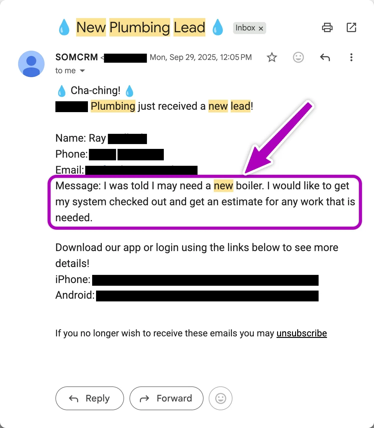 New plumbing lead email notification — customer requesting boiler inspection and estimate