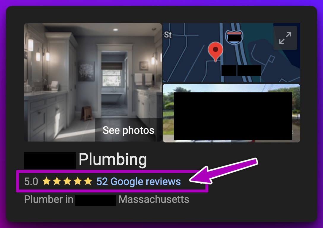 Google Business Profile showing 5.0 stars with 52 Google reviews — proof that customers trust and recommend this plumber