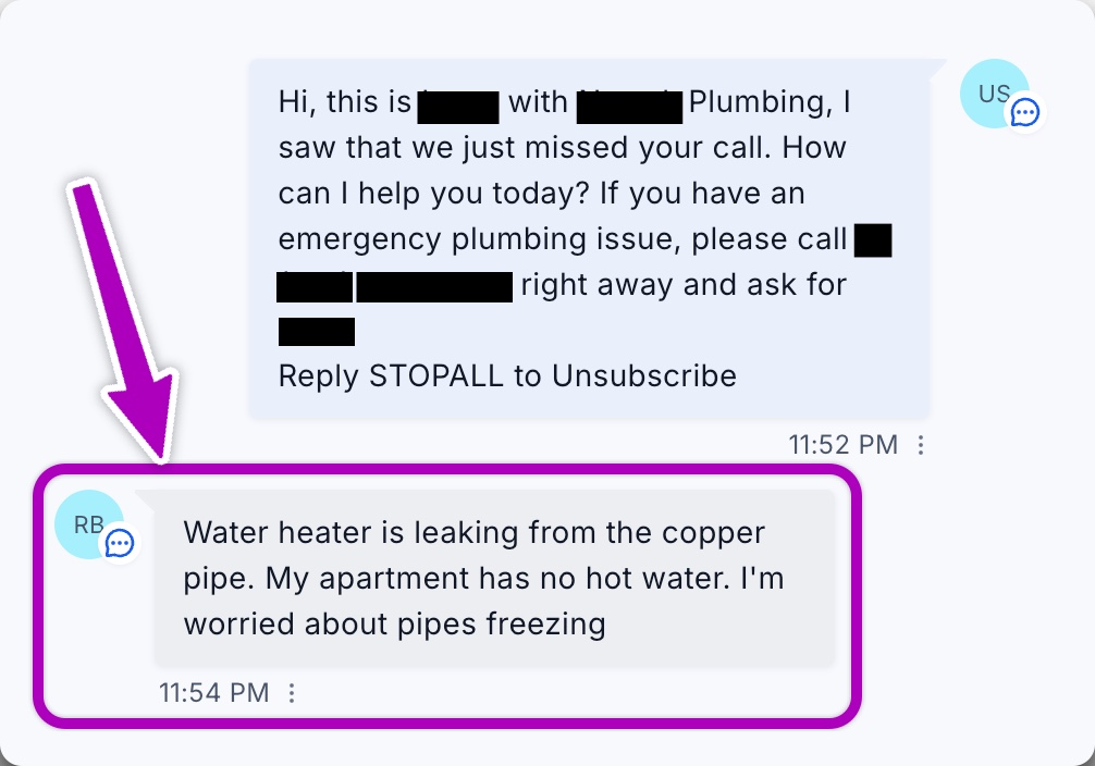 Missed call text back at 11:52 PM — customer responds with water heater emergency, leaking copper pipe, no hot water, worried about pipes freezing