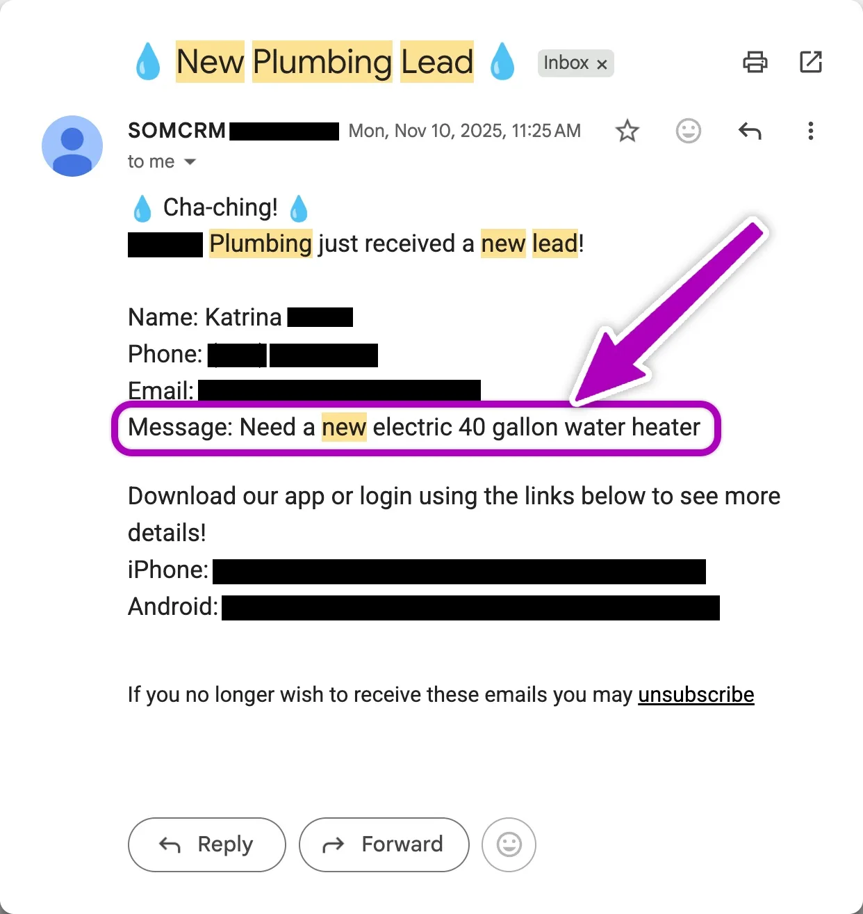 Email notification: Cha-ching! New plumbing lead — customer requesting 40 gallon water heater replacement