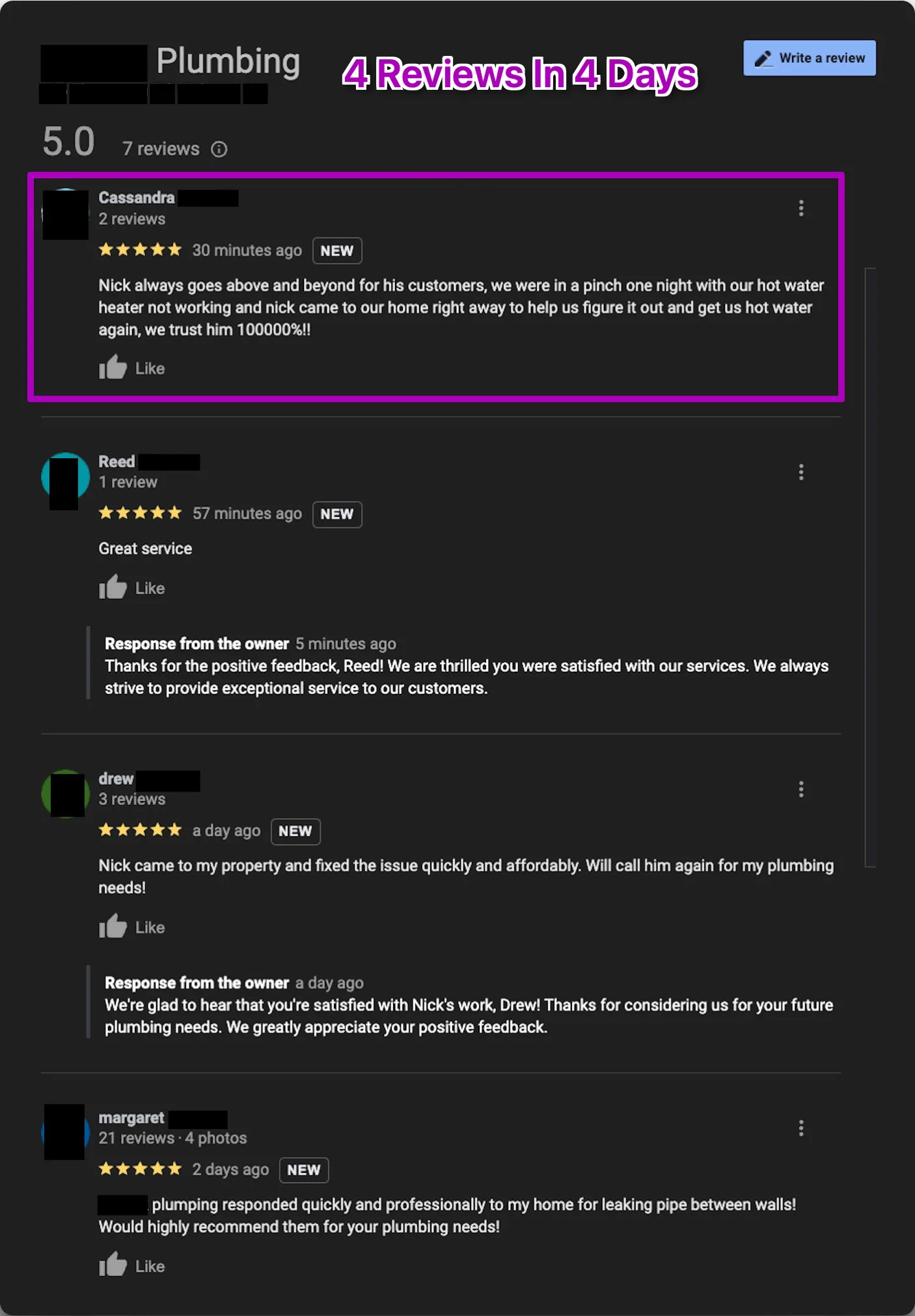 Google reviews page showing 4 new five-star reviews received in just 4 days, with real customer testimonials about emergency plumbing service