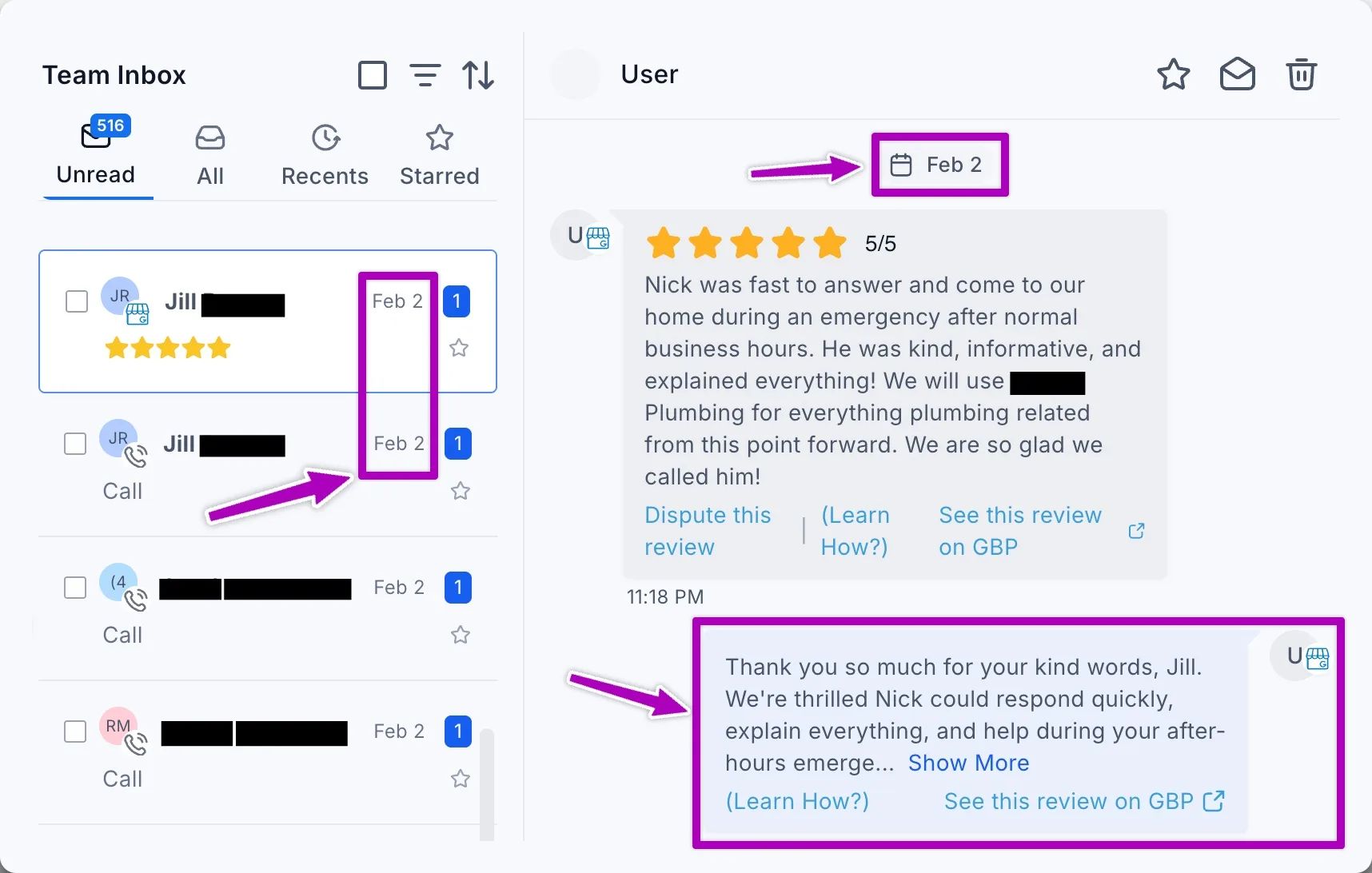 Automated review response system showing a 5-star review from a customer about an after-hours emergency, with an AI-generated thank you response sent automatically