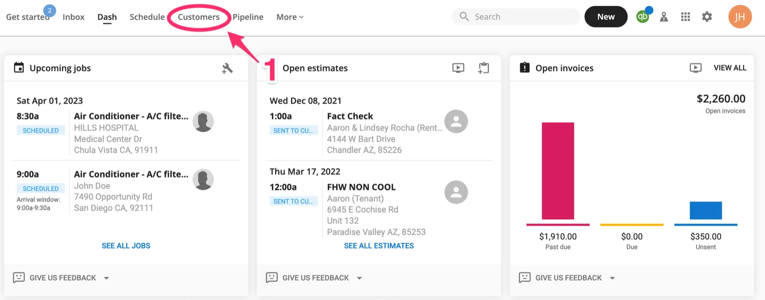 Housecall Pro dashboard with the Customers tab highlighted in the top navigation bar