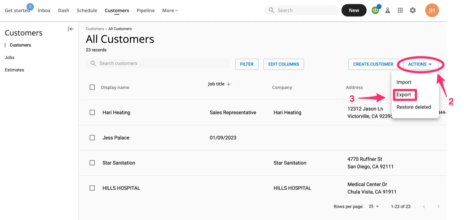 Housecall Pro All Customers screen with the Actions button and Export option highlighted