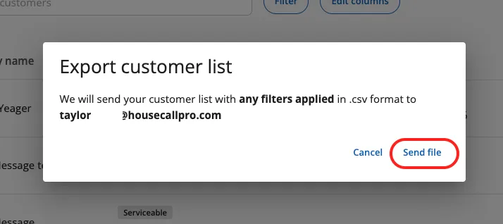 Housecall Pro Export customer list window showing the email address and the blue Send file button